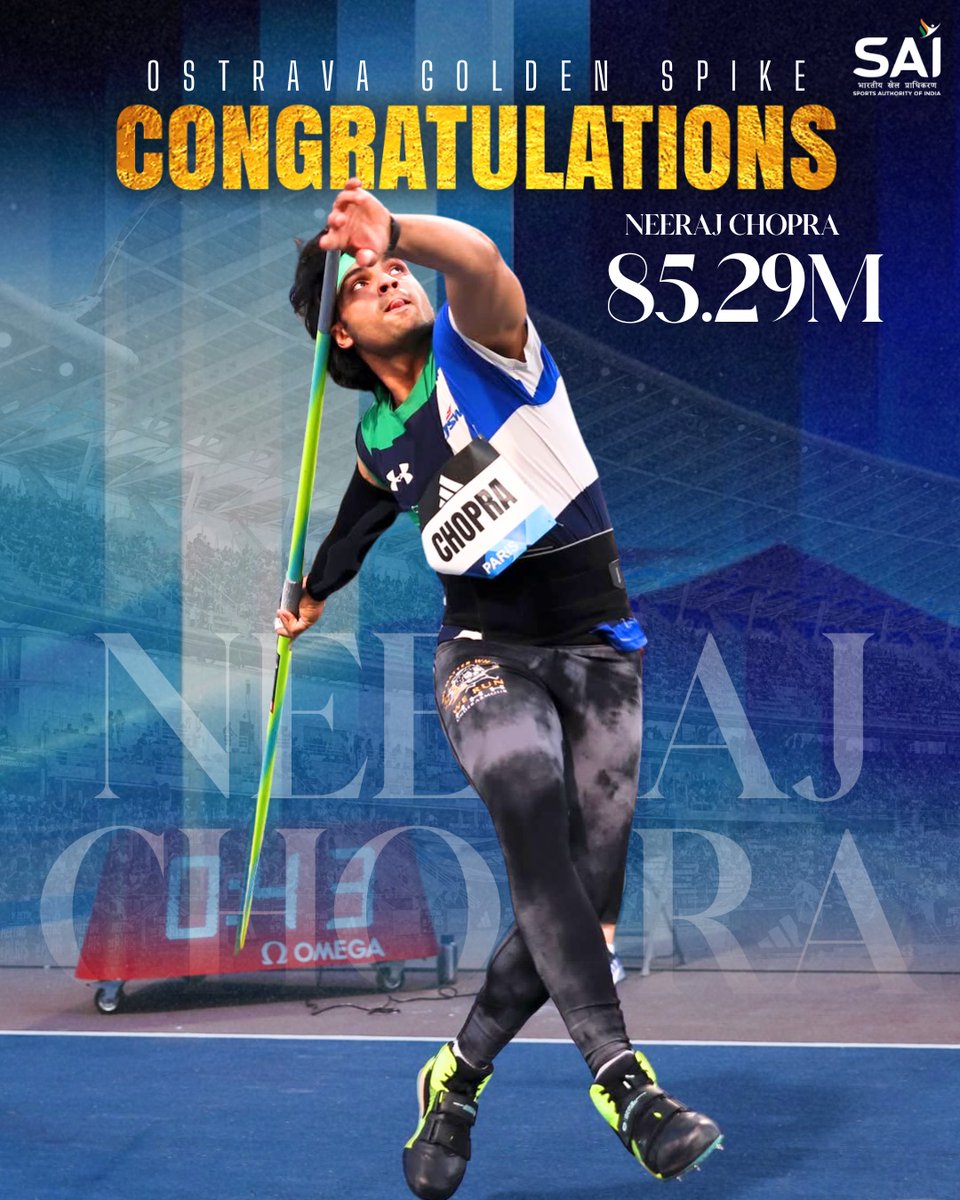 Media_SAI's tweet photo. Another top finish for Javelin G.O.A.T Neeraj Chopra🥳
Neeraj Chopra finishes on top at the Ostrava Golden Spike with a best throw of 85.29m.
Yet another strong outing from the Golden Arm of India. Take a bow, champ!🙌🏻
#NeerajChopra #IndianAthletics #GoldenArm #GameOn #OstravaGoldenSpike