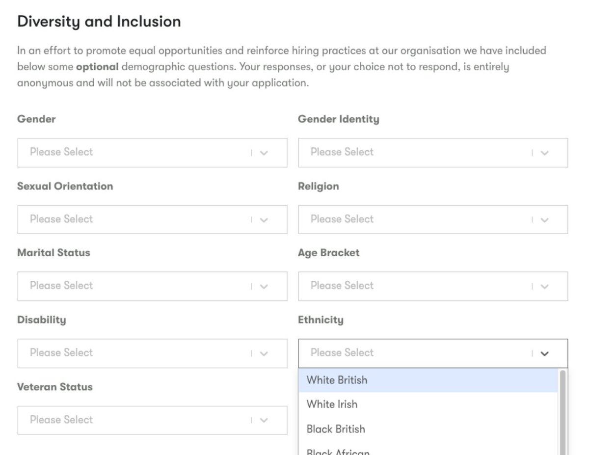 When there’s more demographic questions than skills/experience questions.

Also, first time encountering White variants 🤣