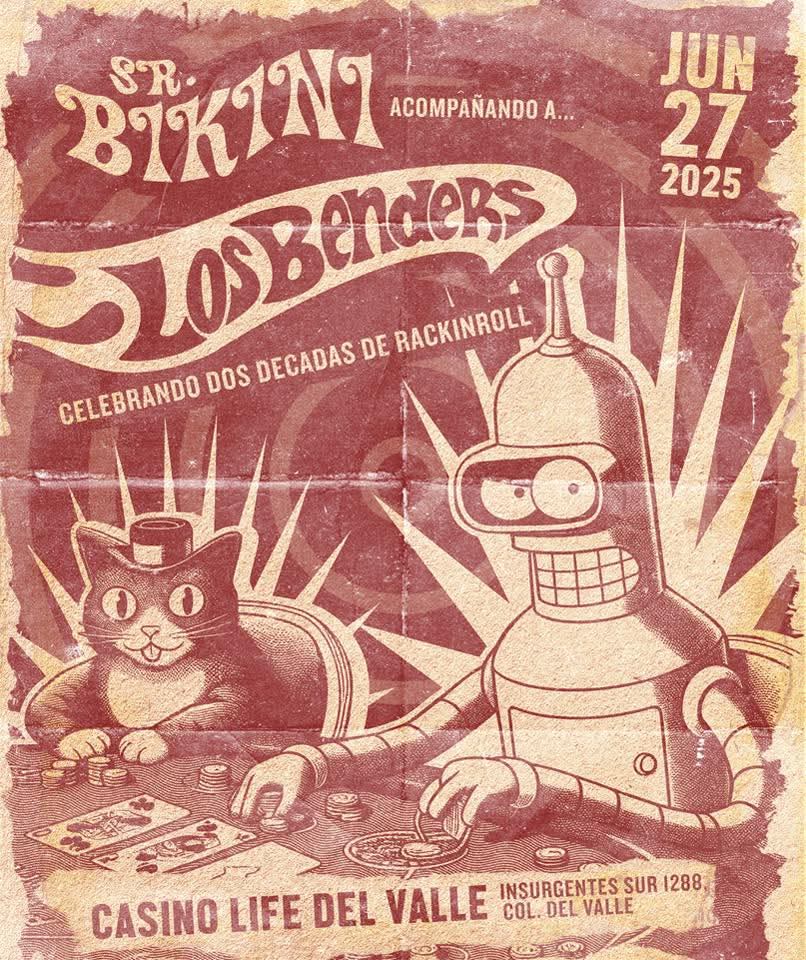 Amigos: nos vemos este viernes 27 de Junio en nuestra noche de casino… presentaremos nuestro vinilo “Fuera Ropa 25 años”.

Los esperamos para celebrar 2 decadas de Los Benders…