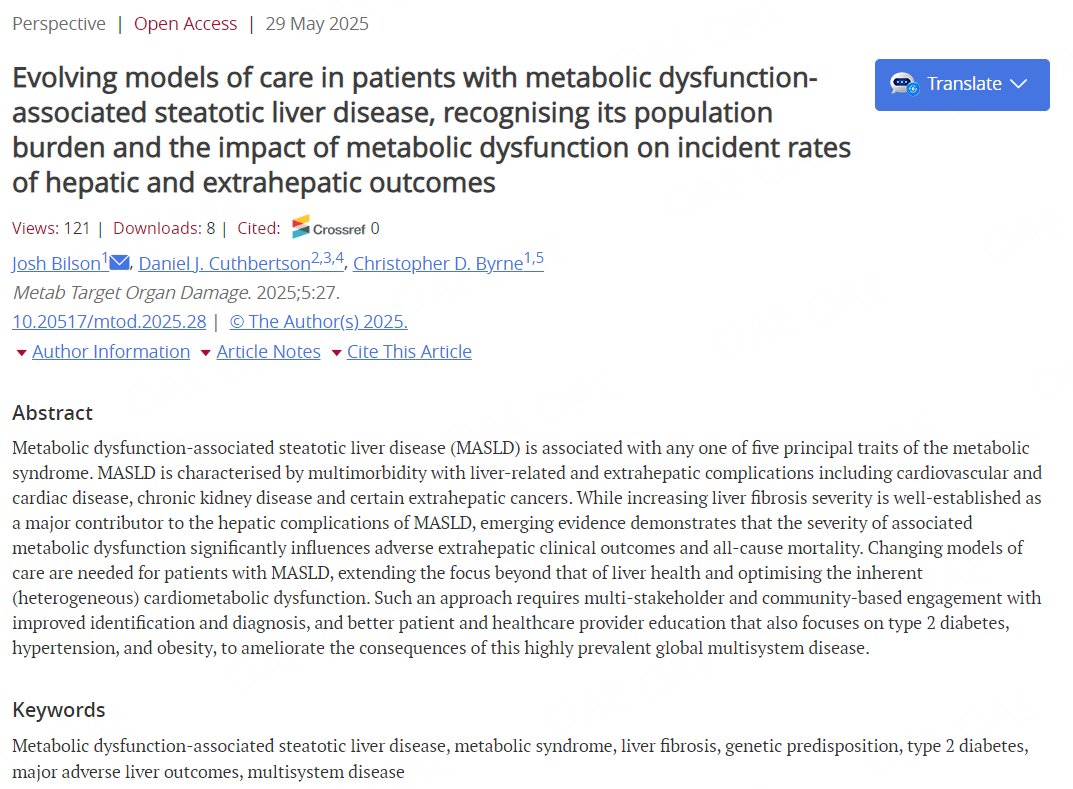 📢 New Perspective by Prof. Christopher D. Byrne!

Rethinking care models for MASLD—beyond liver health, tackling cardiometabolic risk through multisystem, community-based strategies.

🔗 Read here: oaepublish.com/articles/mtod.…

#MASLD #livertwitter