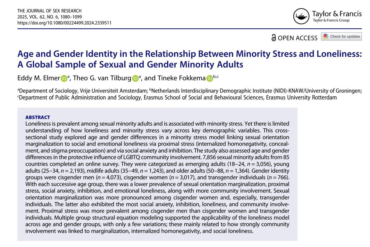 Always nice to see your paper move from online-first to being officially assigned a volume and issue. "Age and Gender Identity in the Relationship Between Minority Stress and Loneliness," Journal of Sex Research (2025). doi.org/10.1080/002244…
#LGBTQ #loneliness #mentalhealth