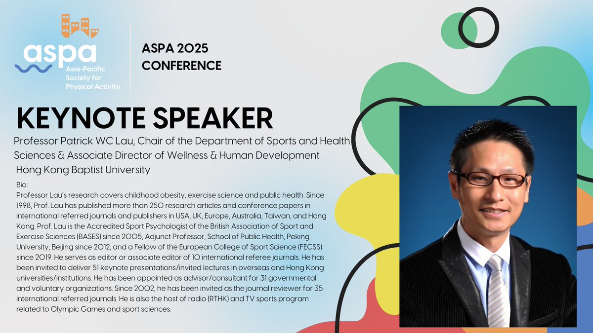 📢Keynote speaker announcement📢

We are delighted to announce one of our keynote speakers for #ASPA2025 - Prof Patrick Lau 

Abstracts are now open! We hope to see you in sunny Newcastle in November ☀️ 

Submit your abstract today👇
aspactivity.org/conference-202…