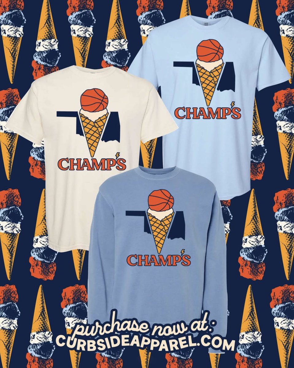 Welcome to Champ's, home of the best ice cream and basketball in the world! Celebrate two of OK’s finest institutions with this fun mashup. Available in adult, youth, and toddler: curbsideapparel.com/collections/th…

Huge thank you to <a href="/joshuaboydston_/">Joshua Boydston</a> for serving up this fantastic design!