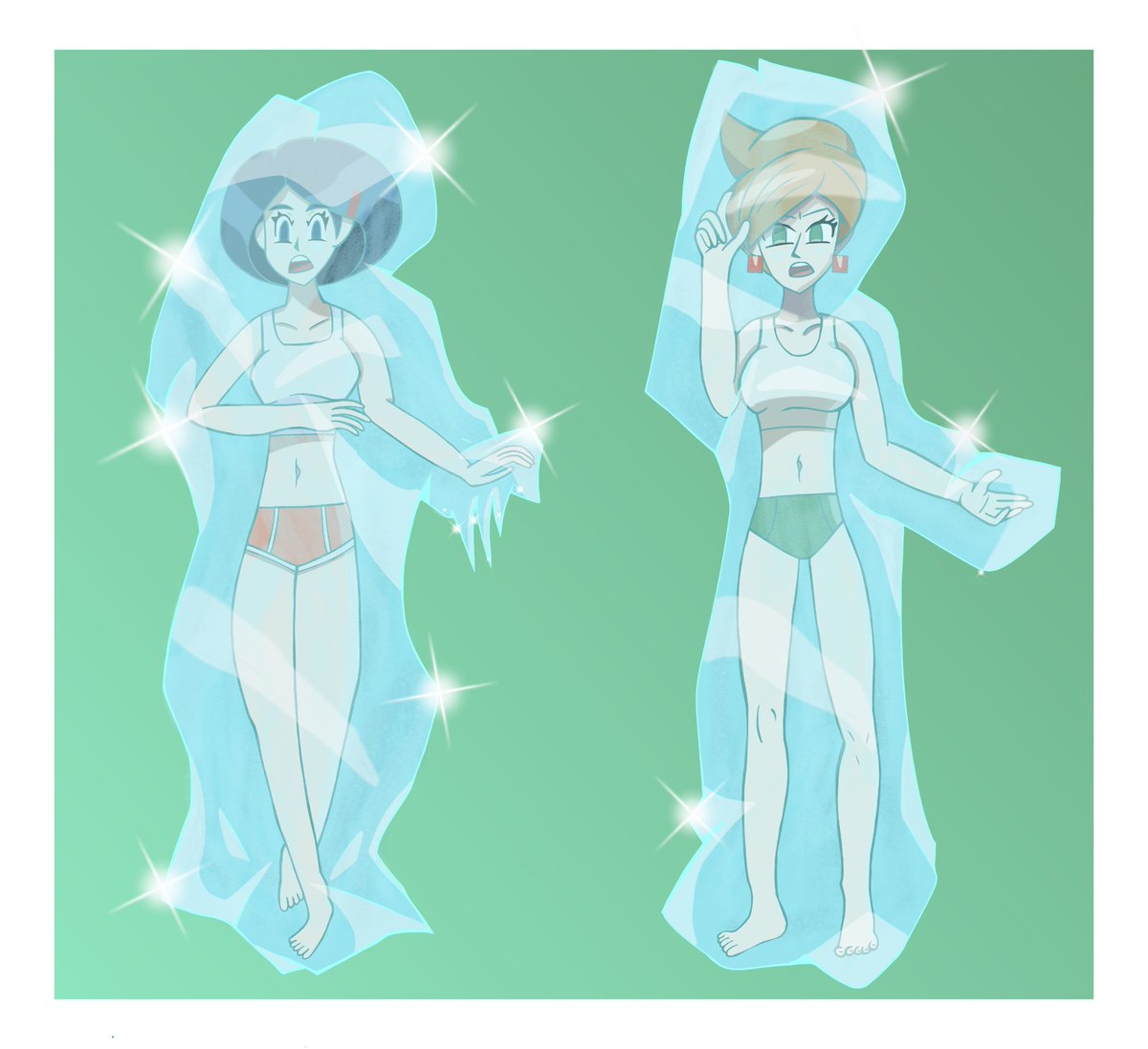 Johanna and Juniper Frozen.
COMM requested by Anonymous.

Both woman went to do exercise on their track suits, however they were hit by this summer’s heat wave.
Fortunate for them, a Glaceon was able to cool them down with an ice beam.

#石化 #固め #Frozen #Freeze #asfr #状態変化