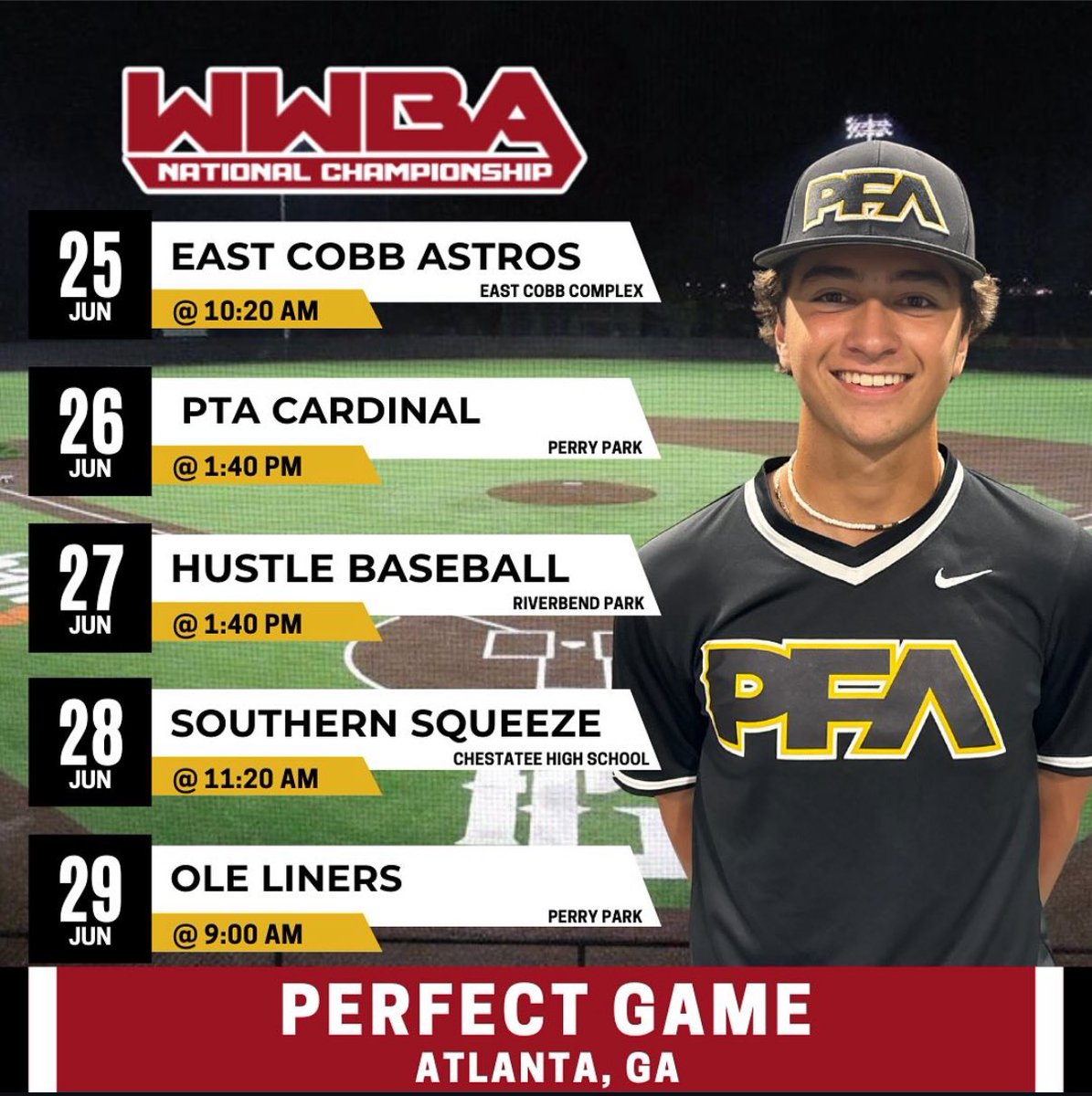 Carson Kinnick (@carsonkinnick) on Twitter photo Back in Georgia with <a href="/PFAbaseball/">Simple Pitching</a> 2026 for the <a href="/PerfectGameUSA/">Perfect Game USA</a> WWBA 17u. Here’s our schedule.
<a href="/CaliforniaPFA/">PFA_California 🖤💛</a>
<a href="/Uplandbaseball/">Upland Scots Baseball</a>
<a href="/equitybaseball/">Equity Baseball</a>
<a href="/California_PG/">Perfect Game California</a>
<a href="/PG_Scouting/">Perfect Game Scout</a> Back in Georgia with <a href="/PFAbaseball/">Simple Pitching</a> 2026 for the <a href="/PerfectGameUSA/">Perfect Game USA</a> WWBA 17u. Here’s our schedule.
<a href="/CaliforniaPFA/">PFA_California 🖤💛</a>
<a href="/Uplandbaseball/">Upland Scots Baseball</a>
<a href="/equitybaseball/">Equity Baseball</a>
<a href="/California_PG/">Perfect Game California</a>
<a href="/PG_Scouting/">Perfect Game Scout</a>