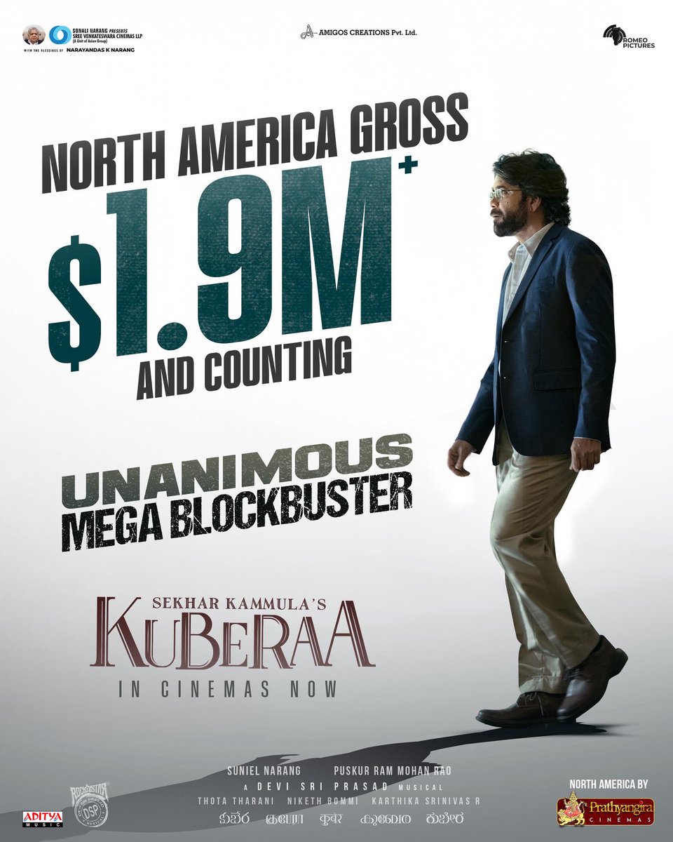 .⁦<a href="/dhanushkraja/">Dhanush</a>’s ⁩ #Kuberaa crosses $1.9M+ with housefuls and unstoppable love all around.❤️🤩

$2M loading… 💥🔥