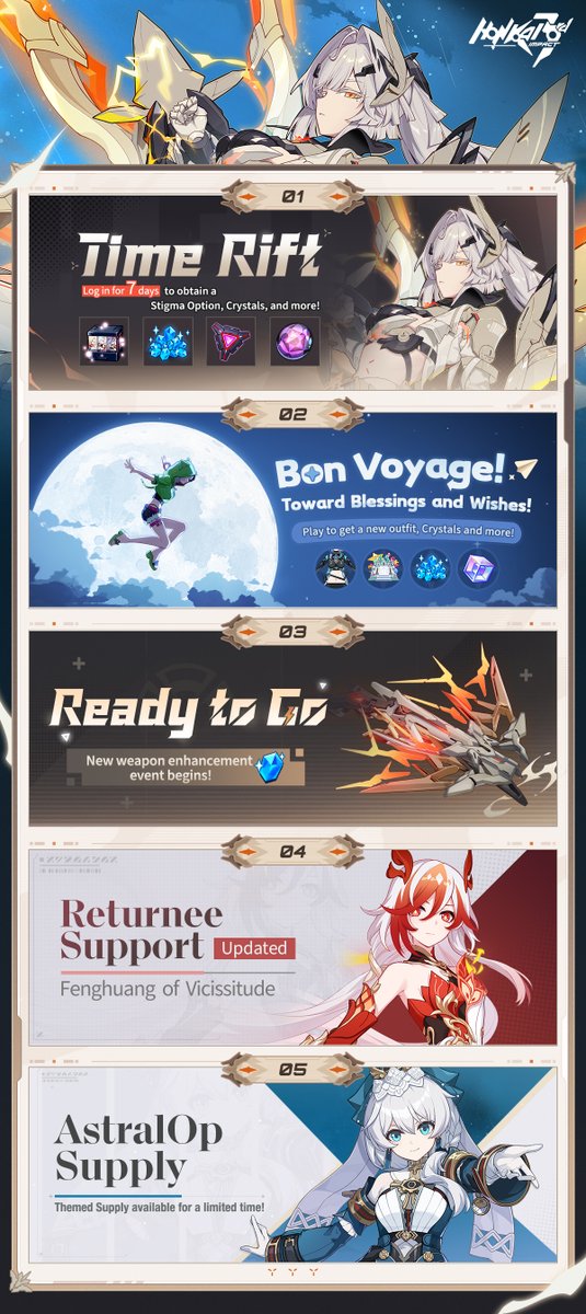 HonkaiImpact3rd's tweet photo. ☆☆ New Events in Version Weekly Update ☆☆

After the v8.3 update, Battlesuit Supply for Planar Armament: Warped Spacetime, featured event "Bon Voyage! Toward Blessings and Wishes!", and more will be available.

※ Please follow our announcements for further details.

#HeliaReborn
#HonkaiImpact3rd
