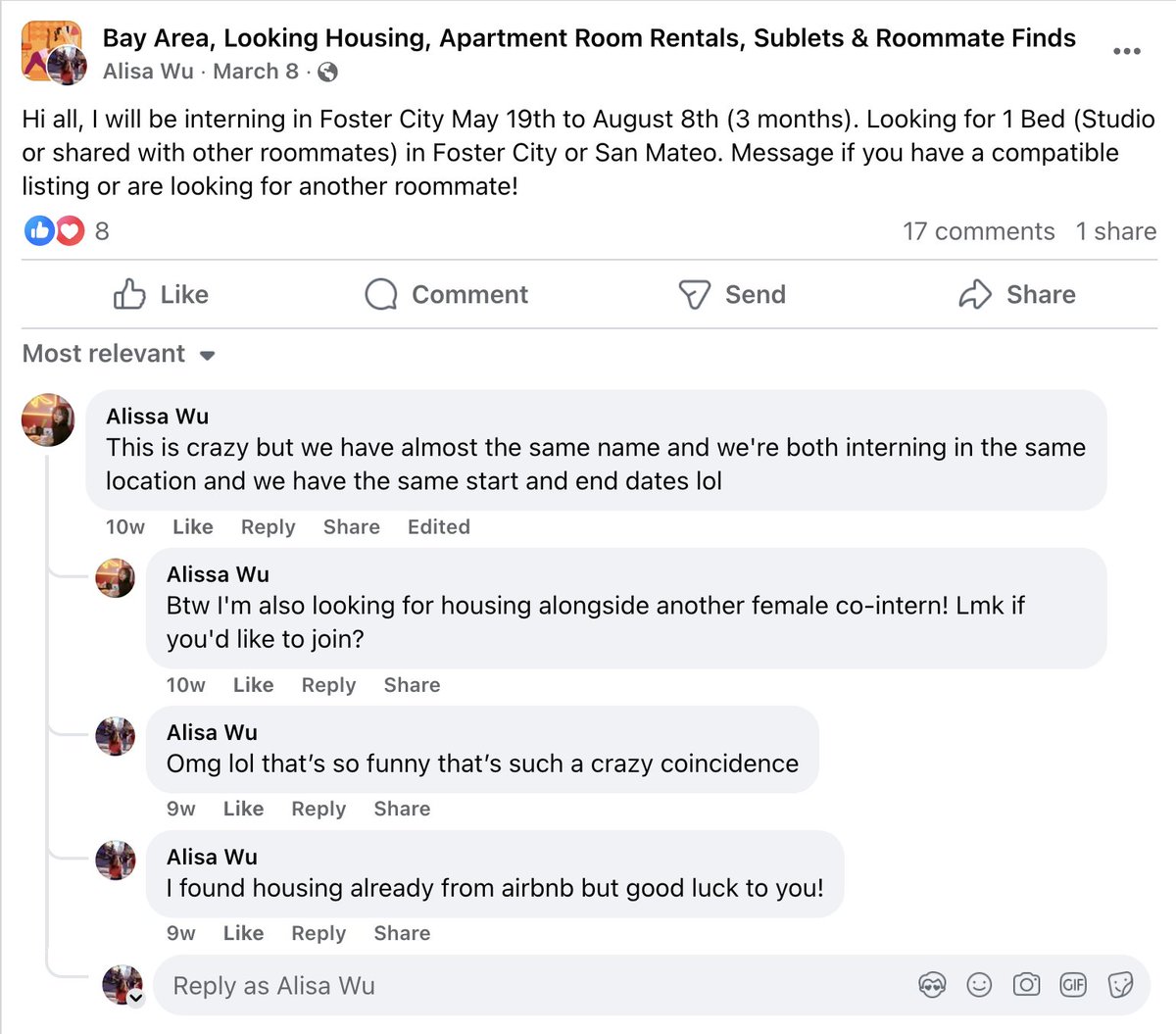 striving to be the best alisa wu. looking grim in a 3 way tie with <a href="/AlisaRaeWu/">alisa rae wu .☘︎ ݁˖</a> and <a href="/alissawuu/">alissa</a> where we're:

&gt; in sf
&gt; in tech
&gt; on twitter
&gt; on facebook marketplace in march finding intern housing LMAO