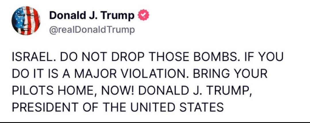 ALLVIRALNEWSS's tweet photo. BREAKING 🚨 : Do Not Drop Those Bombs - Trump 🇺🇸 https://t.co/cSqLfdmMRI