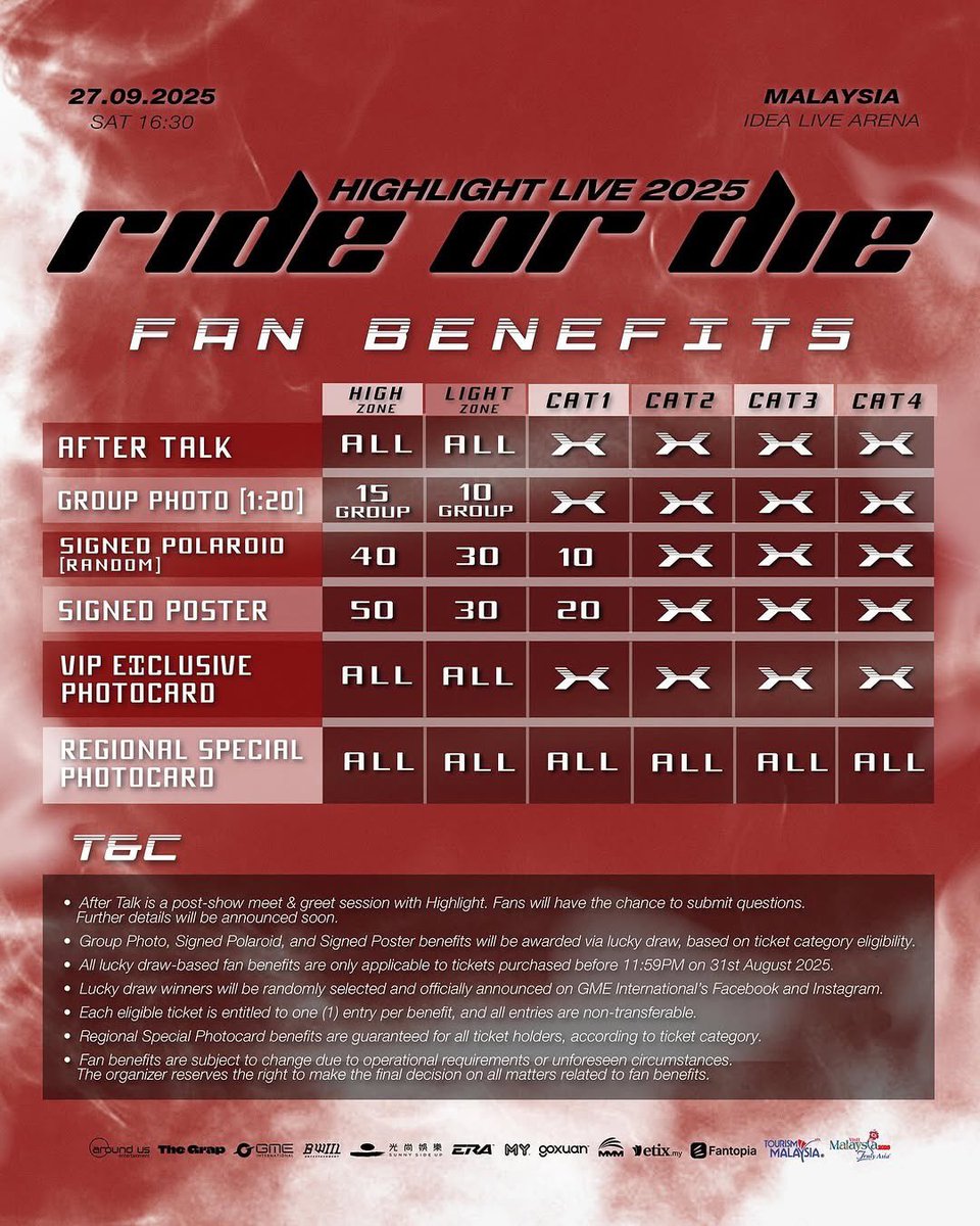 [#HIGHLIGHTINKL] HIGHLIGHT LIVE 2025 【ride or die】 in Malaysia

📅 27 SEP 2025 (SAT) at 4.30PM
📍IDEA LIVE ARENA
🎫 RM888 - RM388
🔗 etix.my/Event/HILI25
🔗 fantopia.io

Ticket sales:
📅 8 JUL 2025 (TUE) at 12PM 

By <a href="/mygmegroup/">GME International</a> 

#HIGHLIGHT #BEAST #하이라이트