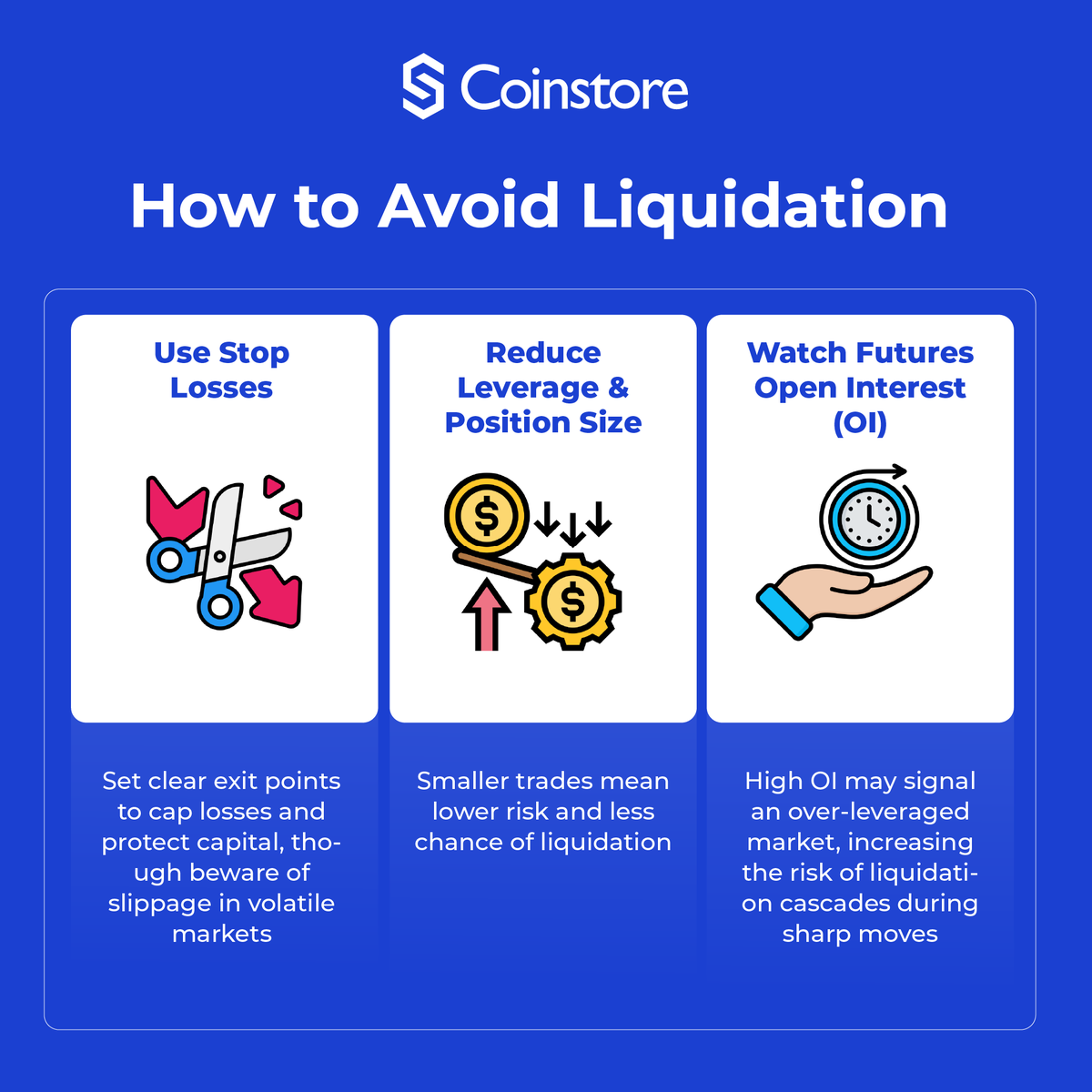 Still getting #Liquidation ? Are you making these 3 common mistakes?🤔 Use  follow these 3 steps to avoid it: 🔹Use Stop-losses 🔹Lower Your Leverage  🔹Watch That OI #crypto #tradingtips #coinstore