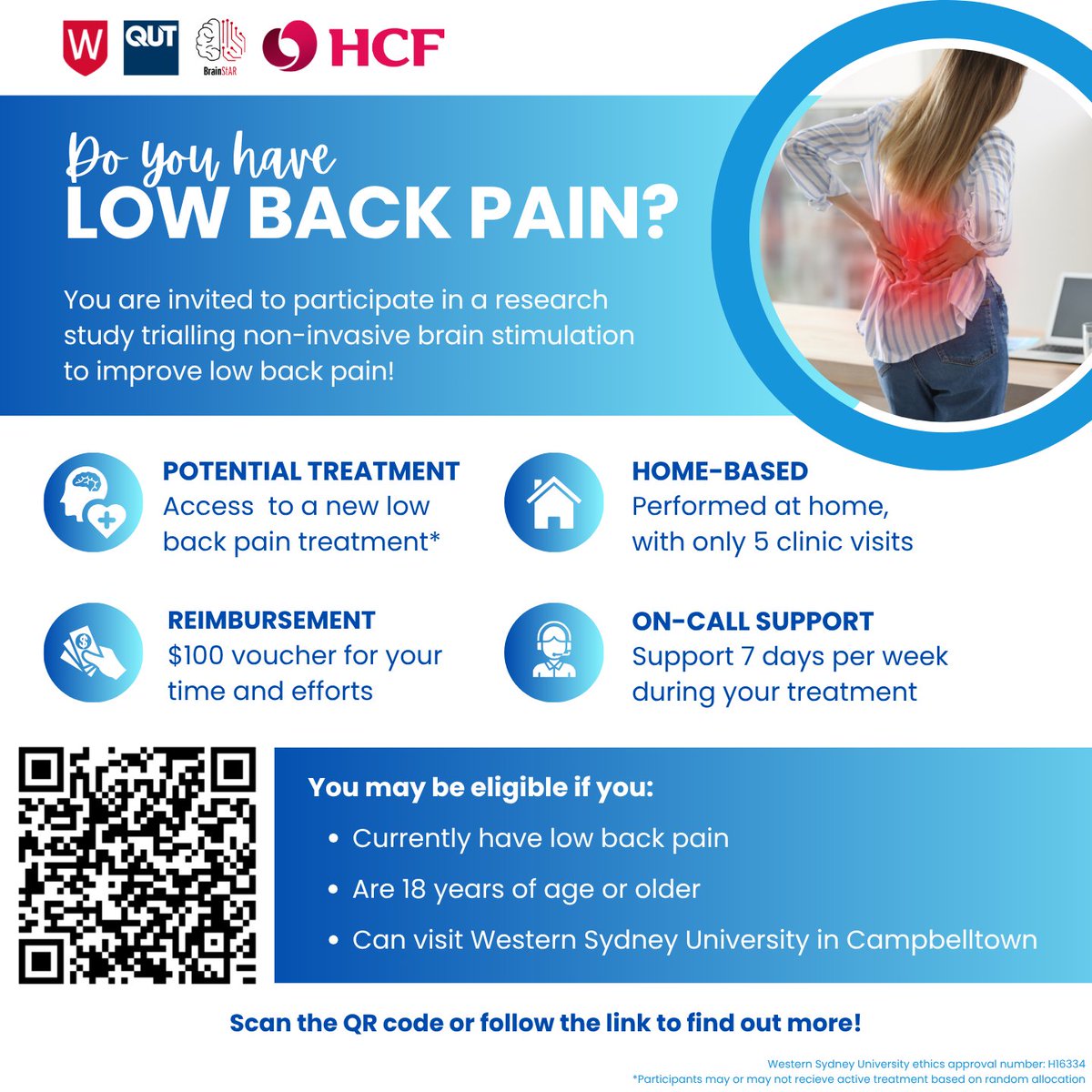 BrainStARLab's tweet image. Do you have low back pain? If so, then we want to hear from you! @westernsydneyu and @QUT  are running a study in collaboration with @hcfaustralia  to explore novel treatments. Scan QR code or email brainstarlab@gmail.com to find out more!