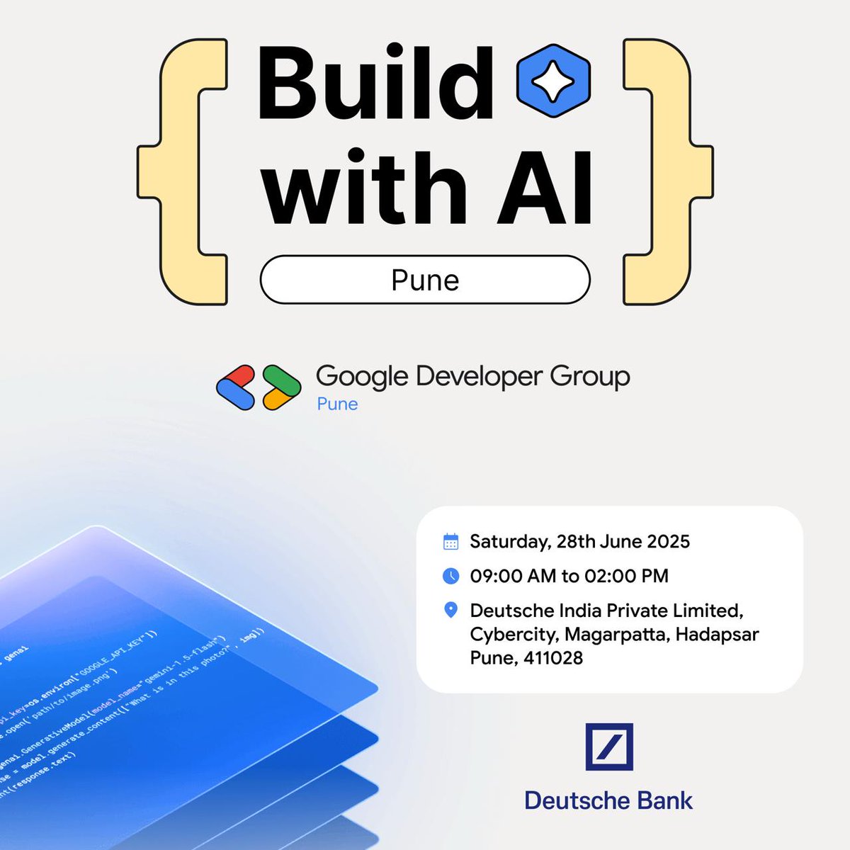 Think you know AI? 🤖 Think again!

Join us at Build with AI – Pune for tech sessions, demos &amp; networking with the smartest minds.

🗓️ Saturday, June 28, 2025 | 🕘 9AM–2PM
📍 <a href="/DeutscheBank/">Deutsche Bank</a>, Magarpatta, Hadapsar, Pune

🔗gdg.community.dev/e/m22jqk/

#BuildWithAI #GDGPune #DeutscheBank