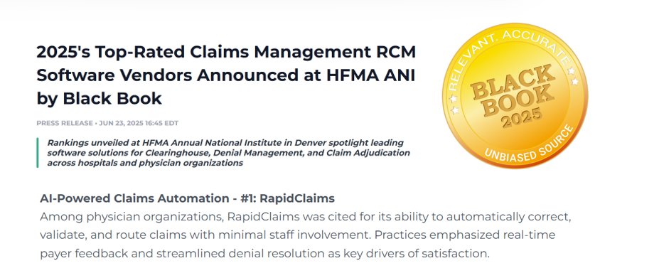 Together (@scaletogether) on Twitter photo RapidClaims ranked #1 AI-powered claims-automation partner for providers in <a href="/blackbookpolls/">Black Book Research</a> Market Research LLC 2025 Report at #HFMA2025🏆
Let's gooooo <a href="/MDDushyant/">Dushyant Mishra</a>🚀
Full article: newswire.com/news/2025s-top… RapidClaims ranked #1 AI-powered claims-automation partner for providers in <a href="/blackbookpolls/">Black Book Research</a> Market Research LLC 2025 Report at #HFMA2025🏆
Let's gooooo <a href="/MDDushyant/">Dushyant Mishra</a>🚀
Full article: newswire.com/news/2025s-top…