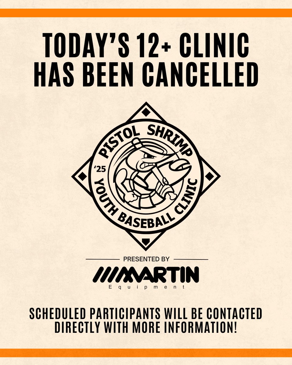 The Martin Equipment Pistol Shrimp Baseball Youth Clinic scheduled for today has been cancelled. Participants will be contacted with more information! 🌧️