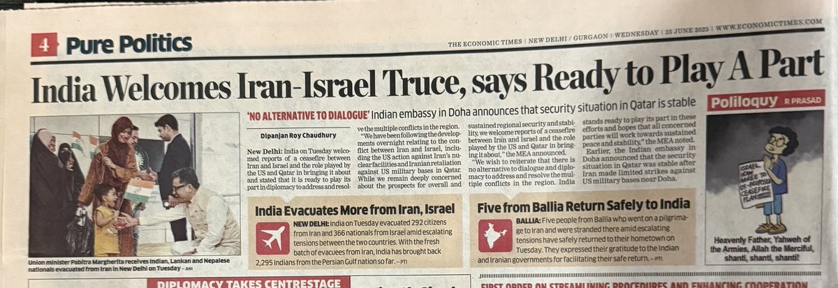 Dipanjan R Chaudhury (@dipanjanet) on Twitter photo India welcomes Iran-Israel ceasefire brokered by USA-Qatar. Says ready to join efforts to resolve multiple conflicts in region through dialogue & diplomacy — My report <a href="/ETPolitics/">ET Politics</a> <a href="/ETDefence/">ET Defence</a> India welcomes Iran-Israel ceasefire brokered by USA-Qatar. Says ready to join efforts to resolve multiple conflicts in region through dialogue & diplomacy — My report <a href="/ETPolitics/">ET Politics</a> <a href="/ETDefence/">ET Defence</a>