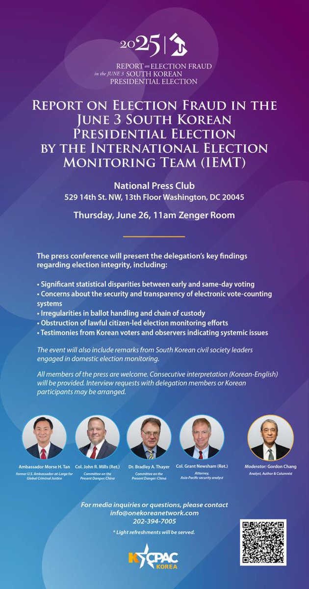 We will stop the steal. We will protect democracy. We will fight. Hope to see all Korean patriots and defenders of freedom at the National Press Club on Thursday at 11:00 AM ET. 🇰🇷 🇺🇸
