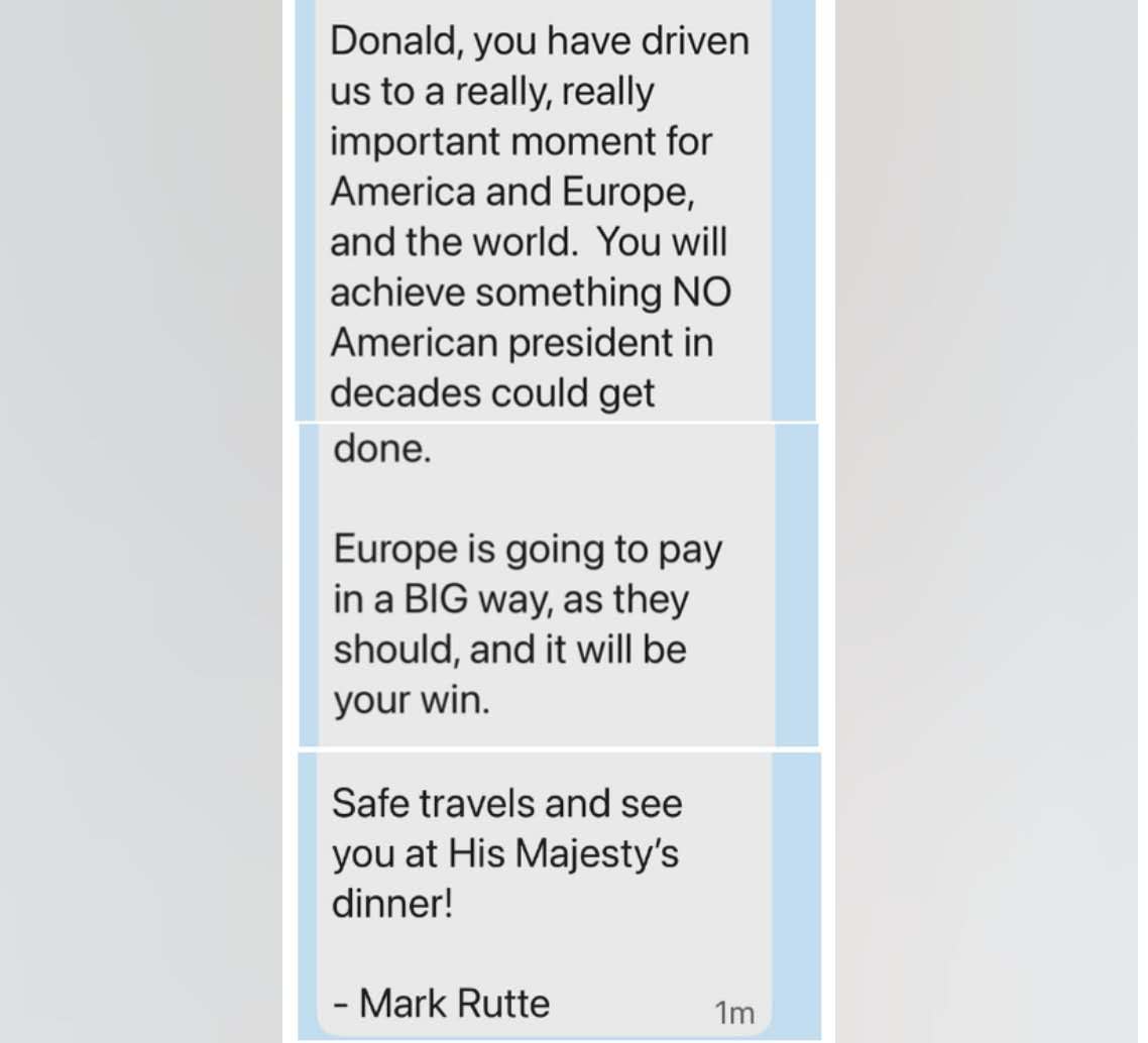 Ok, we've reached peak European vassalism, even medieval serfs had more self-respect.

It's frankly astonishing. Europe's major mistake in Trump 1.0 was not to use that opportunity to gain strategic autonomy from the US, and Rutte's SMS shows that not only Europe are making the