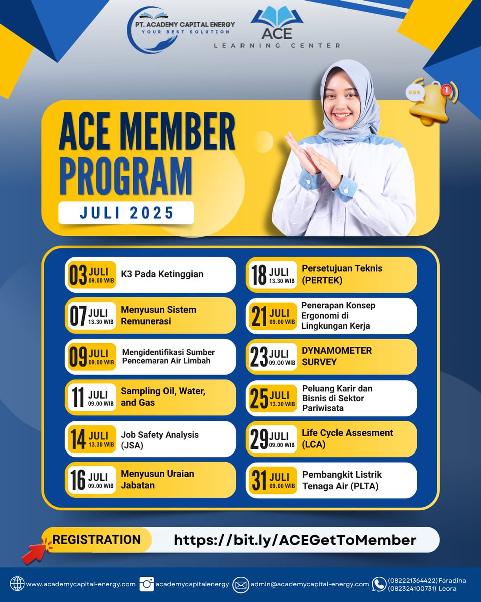🎓 Belajar makin terarah, karier makin cerah!
Daftar sekarang dan nikmati berbagai keuntungan eksklusif khusus member!

📲 Klik link pendaftaran:
👉 bit.ly/ACEGetToMember

FB : Academy Capital Energy
Webiste : academycapital-energy.com
Instagram : @academycapitalenergy