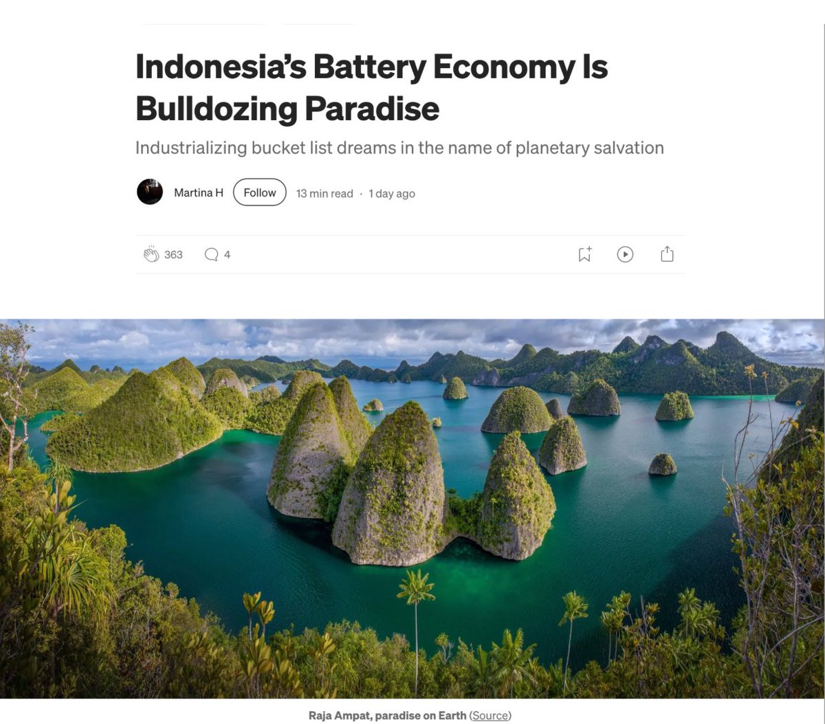 I'm not sure most people truly understand the cost of transitioning from ICE vehicles to electric vehicles.
Are we just moving pollution from city streets to biodiversity hotspots?

Indonesia (~50% of the world's nickel) strip-mines paradise islands.
Congo (~70% of cobalt)
