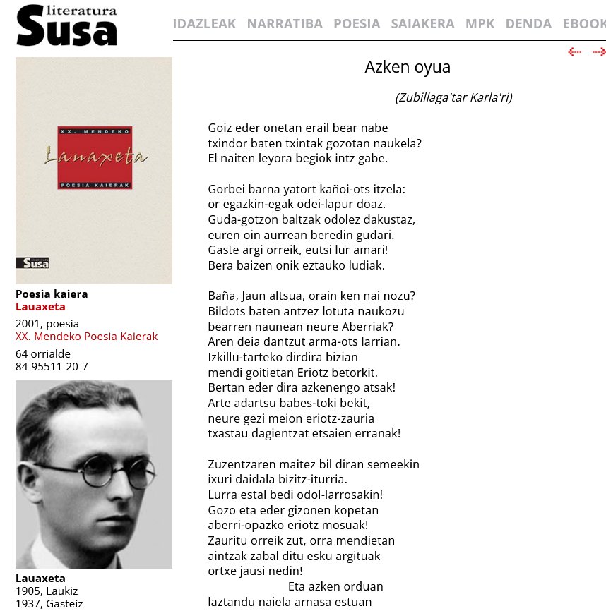 Goiz eder onetan erail bear nabe
txindor baten txintak gozotan naukela?
El naiten leyora begiok intz gabe.

#Lauaxeta 

susa-literatura.eus/liburuak/kaie2…