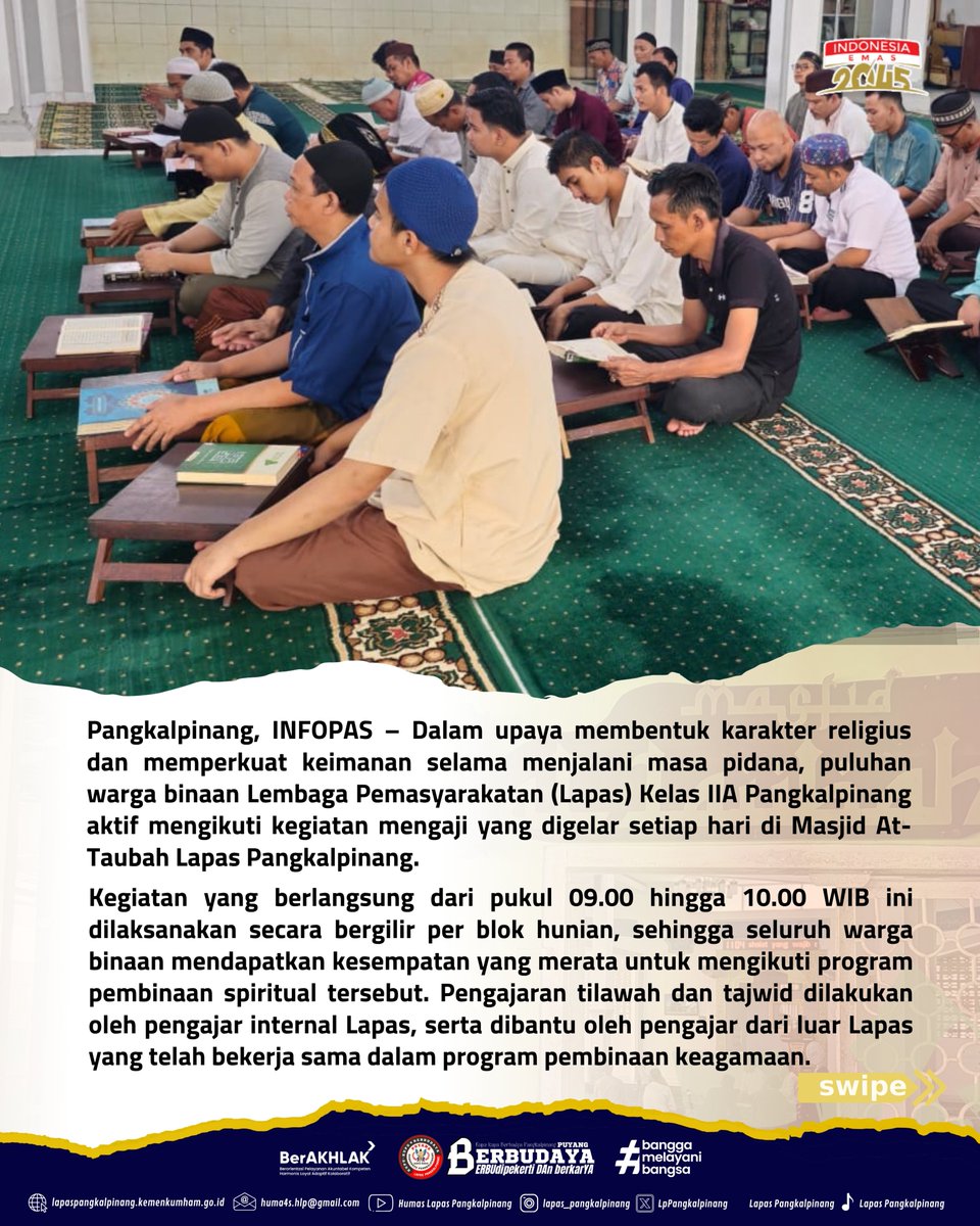 LpPangkalpinang's tweet photo. Isi Waktu dengan Tilawah, Warga Binaan Lapas Pangkalpinang Tekuni Mengaji
selengkapnya: https://t.co/QnLwRAdiY8

#kemenimipas
#guardandguide
#ditjenpas
#pemasyarakatanbabel
#kanwilditjenpasbabel
#hermansawiran
#LapasPangkalpinangBerbudaya
#SugengIndrawan https://t.co/xGD7tKY5Sy