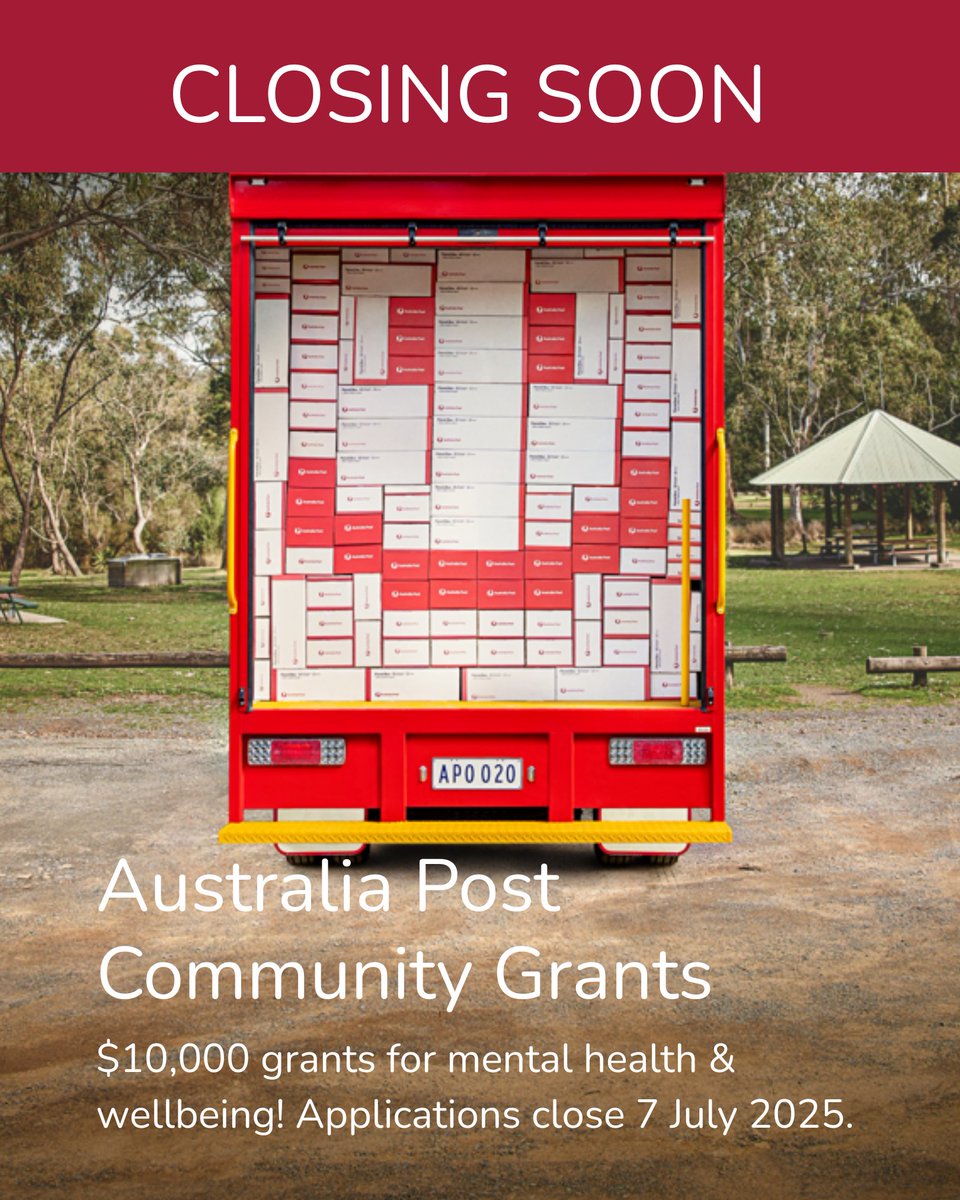 Hurry! Applications for <a href="/auspost/">Australia Post</a> Community Grants close THIS COMING MONDAY, 7 July 2025.
$10k grants are available for NFPs and social enterprises with mental health &amp; wellbeing initiatives right across Australia.
Find all the details at auspost.com.au/grants