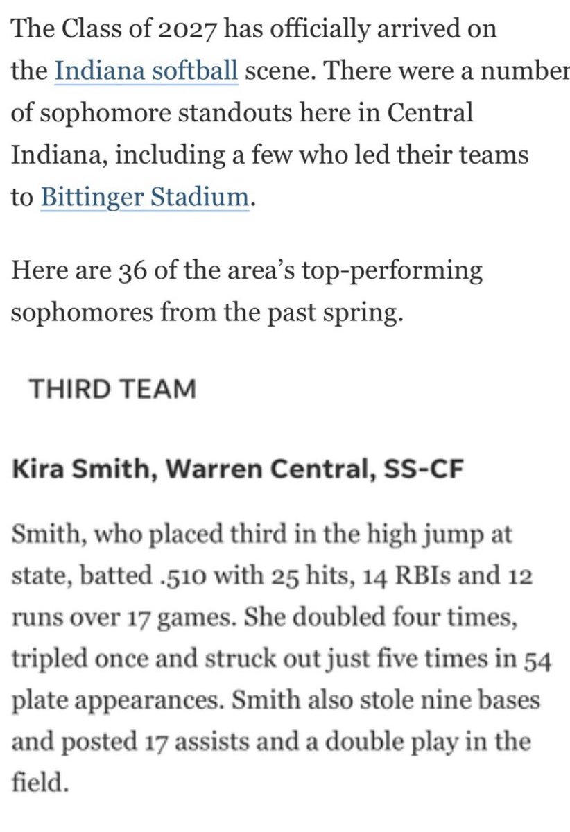 WC Softball 🥎 (@warrencentralsb) on Twitter photo Congrats to Kira Smith for making 3rd Team Indy Star Top Performing Sophomores for the 2025 season! Proud of you! ⚫️🟡🥎 <a href="/WarriorNation_1/">WCHS Athletic Dept</a> <a href="/TrackWc/">WC Girls Track</a> Congrats to Kira Smith for making 3rd Team Indy Star Top Performing Sophomores for the 2025 season! Proud of you! ⚫️🟡🥎 <a href="/WarriorNation_1/">WCHS Athletic Dept</a> <a href="/TrackWc/">WC Girls Track</a>