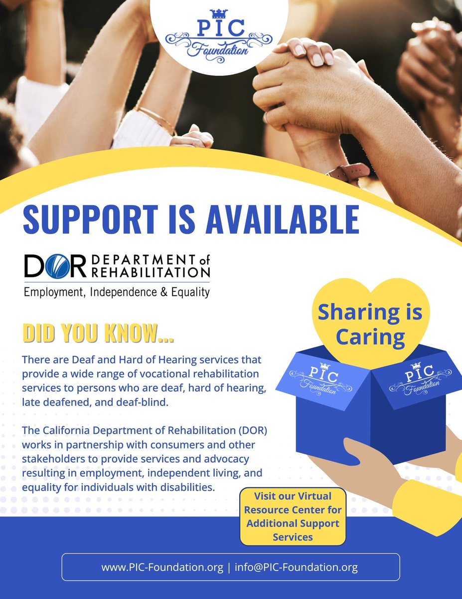 📌DID YOU KNOW....SUPPORT IS AVAILABLE to you through the Department of Rehabilitation? Click Here:👉🏽dor.ca.gov/Home/DHHS

#picfoundation #deafawareness #deafcommunity #DeafSupport #deafx #Deaftwitter #deafnews <a href="/followers/">はうはう</a>