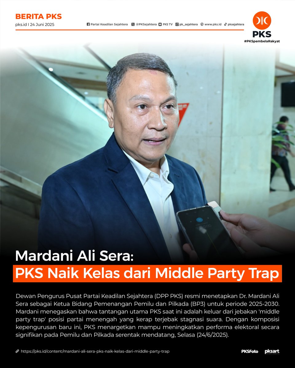 PKSejahtera's tweet photo. Mardani Ali Sera: PKS Naik Kelas dari Middle Party Trap

“Sudah saatnya PKS melompat ke level yang lebih tinggi. Butuh strategi terukur dan keberanian keluar dari zona nyaman. Ini momentum,” ~@MardaniAliSera 

https://t.co/mae7BAkxrK https://t.co/VEdwN4OFy7