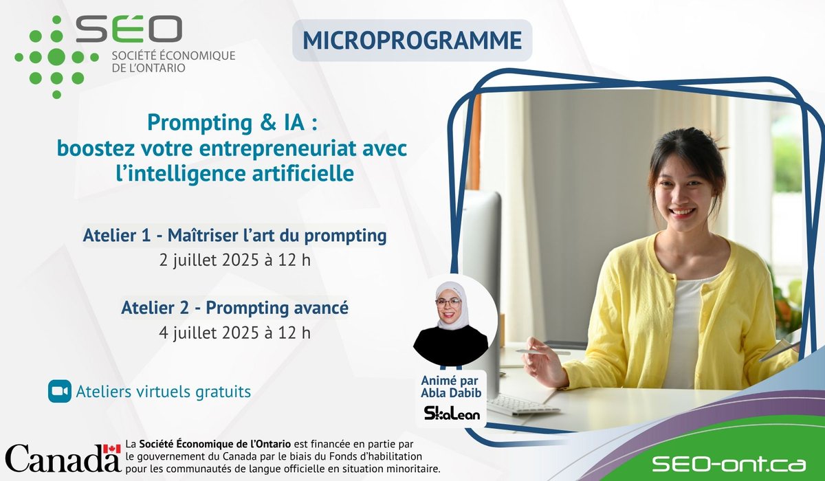 📣 Boostez votre entrepreneuriat avec l’IA !

Microprogramme virtuel animé par Abla Dabib, experte en IA et fondatrice de Skalean.

2 juillet à 12h : Maîtriser l’art du prompting
4 juillet à 12h : Prompting avancé – décider avec l’IA

Gratuit 👉 buff.ly/F2y6g5R

#SÉO