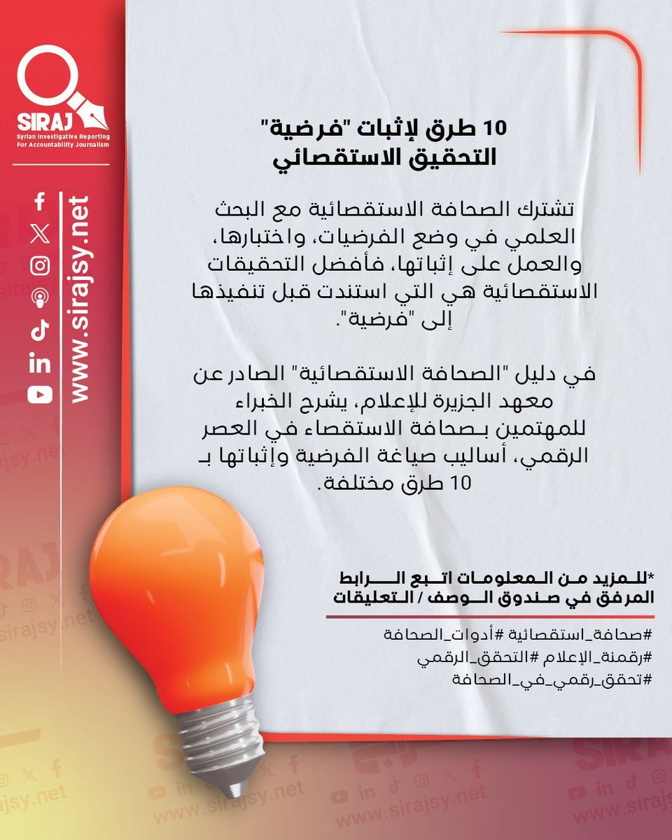 تُعرف الفرضية في الصحافة الاستقصائية بأنها مقترح يشخص مشكلة أو قضية مطروحة للتقصي والبحث والتوثيق؛ بهدف الوصول إلى حقيقة ما جرى، عبر خلق علاقات بين الحقائق والافتراضات ... للمزيد من المعلومات اتبع الرابط أدناه:

👉 buff.ly/N9M80n4 

#صحافة_استقصائية
#أدوات_الصحافة