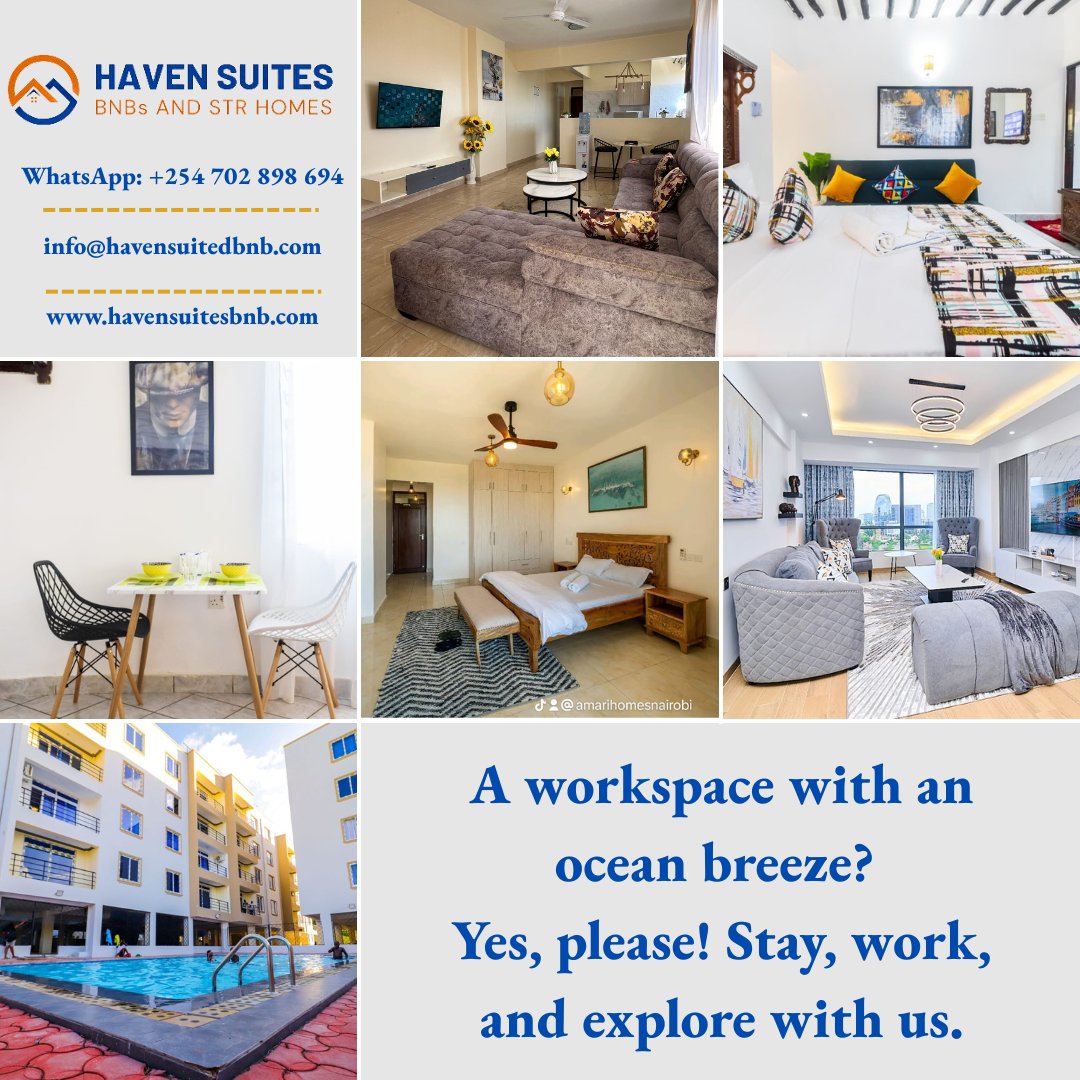 A workspace with an ocean breeze?
Yes, please! 🌊🏡 Stay, work &amp; explore with Haven Suites BnB in style.
📲 +254 702 898 694
💻 havensuitesbnb.com
#HavenSuites #Workcation #KenyaBnB