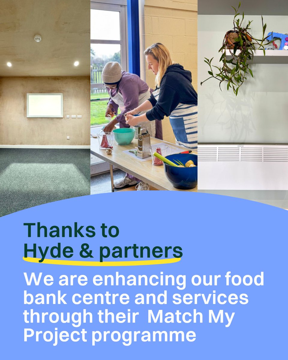 A huge thanks to Hyde &amp; partners for supporting us through #MatchMyProject 💚 

Their help is transforming our Chichester food bank centre &amp; boosting our services - from warm, welcoming spaces to cookery workshops.  

Read more here 📷 bit.ly/3ZLMCEs
