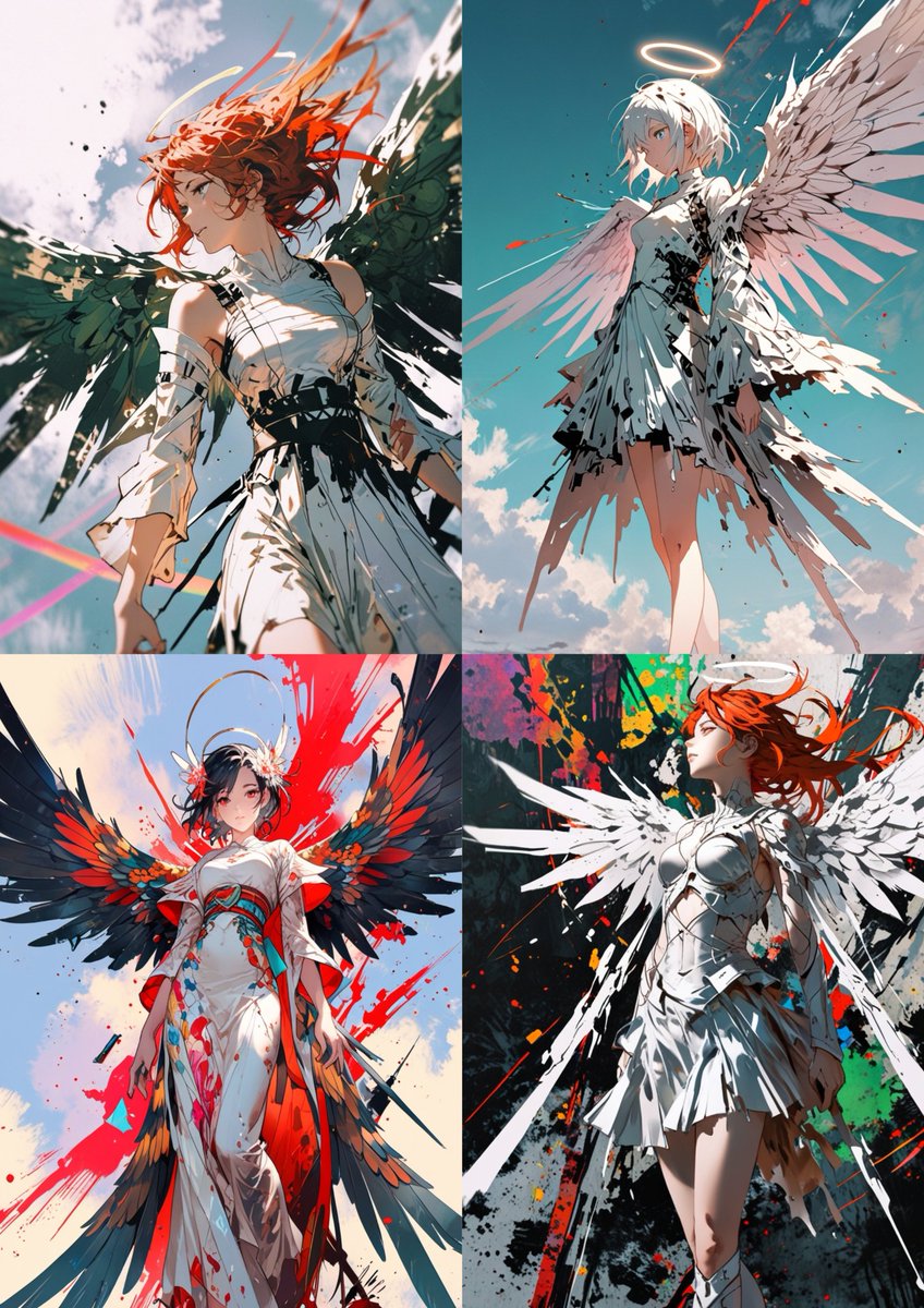 #asuberu式AI錬成 #IV
✨ 天使シリーズ 4部作 降臨 ✨

右上：天使シリーズ《空》
　　　 — 𝓗𝓮𝓪𝓿𝓮𝓷𝓵𝔂 𝓓𝓻𝓲𝓯𝓽
左上：天使シリーズ《碧》
 　　　— 𝓐𝔃𝓾𝓻𝓮 𝓖𝓻𝓪𝓬𝓮
右下：天使シリーズ《混》
 　　　— 𝓣𝔀𝓲𝓵𝓲𝓰𝓱𝓽 𝓖𝓻𝓪𝓬𝓮
左下：天使シリーズ《和》 
　　　— 𝓐𝓷𝓰𝓮𝓵