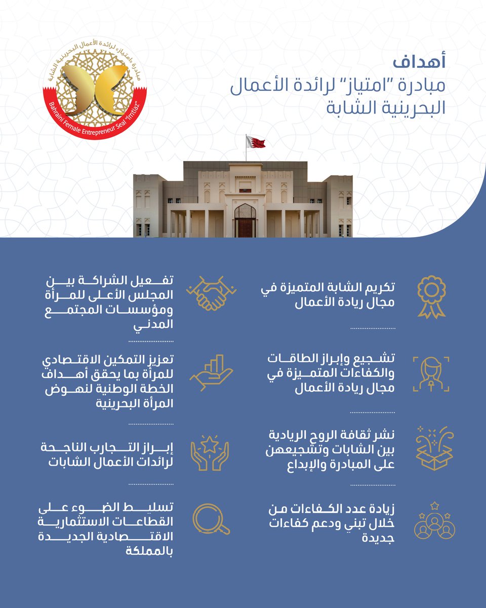 المجلس الأعلى للمرأة (@scwbahrain) on Twitter photo أهداف مبادرة "امتياز" لرائدة الأعمال البحرينية الشابة
للتسجيل والمشاركة يمكنكم زيارة الموقع الإلكتروني scw.bh/ImtiazInitiati…
#البحرين
#امتياز
#المرأة_البحرينية
#bahrain
#scwbahrain أهداف مبادرة "امتياز" لرائدة الأعمال البحرينية الشابة
للتسجيل والمشاركة يمكنكم زيارة الموقع الإلكتروني scw.bh/ImtiazInitiati…
#البحرين
#امتياز
#المرأة_البحرينية
#bahrain
#scwbahrain