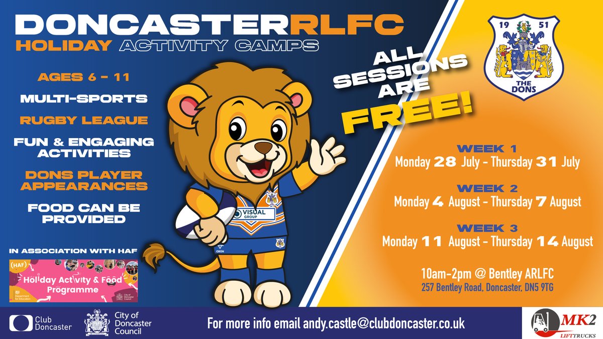 Doncaster RLFC (@doncaster_rlfc) on Twitter photo ๐ Doncaster Rugby League Holiday Activity Camps ๐
๐ข Ages 6-11
๐ Multi-sports
๐ Fun & engaging activities
๐ Dons player appearances
๐ Food can be provided
๐๏ธ <a href="/BentleyARLFC/">BentleyARLFC</a>
All sessions are FREE!
Check the graphic for dates & times ๐
๐
BOOK YOUR SPOT HERE: ๐ Doncaster Rugby League Holiday Activity Camps ๐
๐ข Ages 6-11
๐ Multi-sports
๐ Fun & engaging activities
๐ Dons player appearances
๐ Food can be provided
๐๏ธ <a href="/BentleyARLFC/">BentleyARLFC</a>
All sessions are FREE!
Check the graphic for dates & times ๐
๐
BOOK YOUR SPOT HERE: