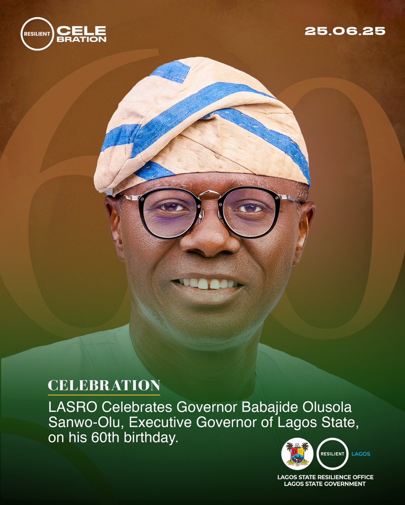 lagosresilience's tweet photo. LASRO Celebrates Governor Babajide
Olusola Sanwo-Olu, Executive Governor of Lagos State, on his 60th birthday.
#Resilience
#Celebration
#BOS@60 https://t.co/xvGe9Cdh2t
