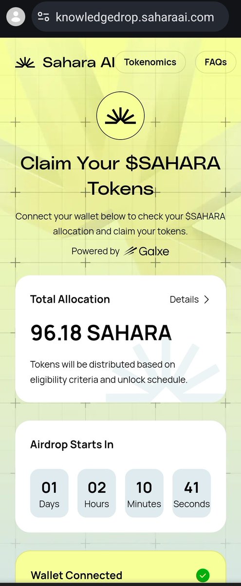 defimaestro 🦣(Ø,G) (@defimaestro90) on Twitter photo <a href="/SaharaLabsAI/">Sahara AI 🔆</a> Airdrop checker is live
👉 Head to: knowledgedrop.saharaai.com
👉 Connect your EVM wallet
👉 Check your allocation and post a screenshot in the comments
🗓️Vesting - 44% TGE rest 6M monthly vesting
📆Claim date: - 26th June 5:30 PM IST
👉 Claim chain: BNB Chain <a href="/SaharaLabsAI/">Sahara AI 🔆</a> Airdrop checker is live
👉 Head to: knowledgedrop.saharaai.com
👉 Connect your EVM wallet
👉 Check your allocation and post a screenshot in the comments
🗓️Vesting - 44% TGE rest 6M monthly vesting
📆Claim date: - 26th June 5:30 PM IST
👉 Claim chain: BNB Chain
