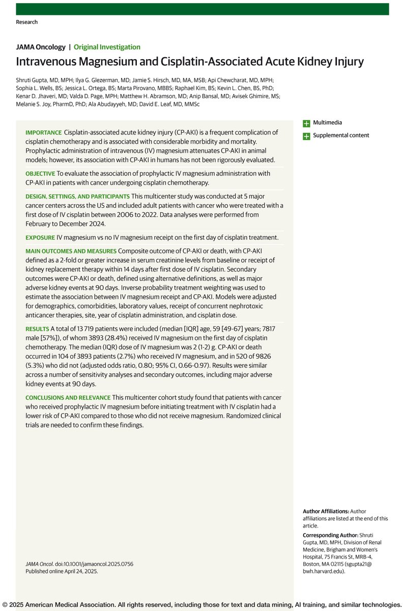 Prophylactic IV magnesium administration was associated with a lower risk of cisplatin-associated acute kidney injury (CP-AKI) in patients with cancer undergoing cisplatin chemotherapy. ja.ma/445u6s6