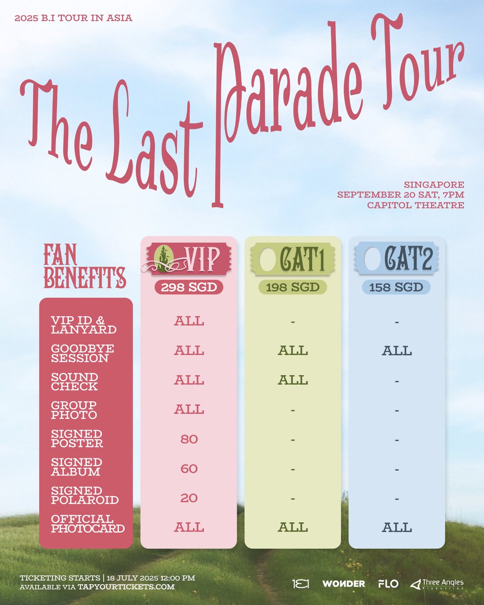 🏰✨ SINGAPORE IDs, it’s the final call! The 2025 B.I TOUR: The Last Parade Tour in SINGAPORE marches to the Capitol Theatre and it’s calling you to join the last celebration and make more memories with B.I ☁️🎠🤍

Grab your tickets on 18 July 2025, 12:00 PM via <a href="/tapyourtickets/">tapyourtickets</a>
