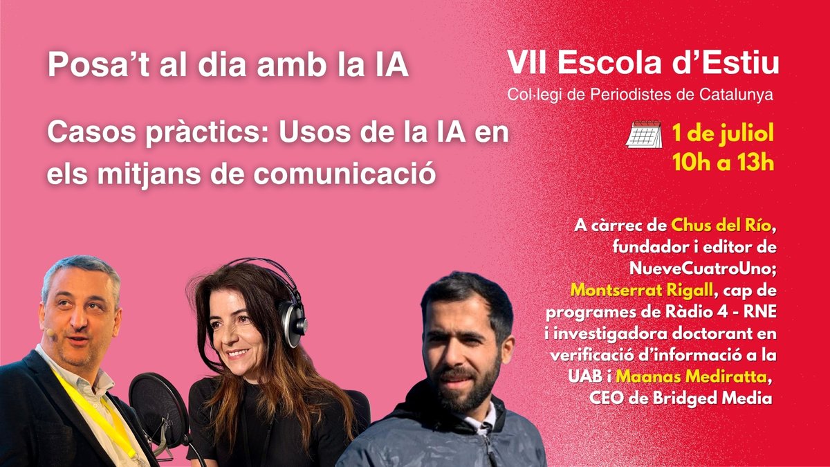 Col·legi de Periodistes de Catalunya (@periodistes_cat) on Twitter photo 🌍 IA als mitjans: visions locals i globals
No et perdis aquesta sessió amb <a href="/chusdrs/">Chus del Río</a>, <a href="/mrigall/">Montserrat Rigall</a> i <a href="/Mns_110/">Maanas Mediratta</a>, on s’analitzaran casos concrets d’implementació de la IA en mitjans
👉Sessió gratuïta
🗓️1 de juliol, de 10h a 13h
✍️Inscripcions obertes
periodistes.cat/formacio/vii-e… 🌍 IA als mitjans: visions locals i globals
No et perdis aquesta sessió amb <a href="/chusdrs/">Chus del Río</a>, <a href="/mrigall/">Montserrat Rigall</a> i <a href="/Mns_110/">Maanas Mediratta</a>, on s’analitzaran casos concrets d’implementació de la IA en mitjans
👉Sessió gratuïta
🗓️1 de juliol, de 10h a 13h
✍️Inscripcions obertes
periodistes.cat/formacio/vii-e…