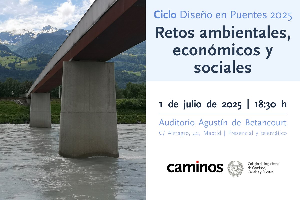5️⃣Sesión del Ciclo de Diseño en Puentes.
📢Retos ambientales, económicos y sociales 

📅 1 de julio
⌚ 18.30 h
📌 Presencial y telemático
📍 Auditorio Agustín de Betancourt, Almagro 42, Madrid
✍️  ow.ly/a59e50WbpKy

#Puentes #Ingeniería #Caminos