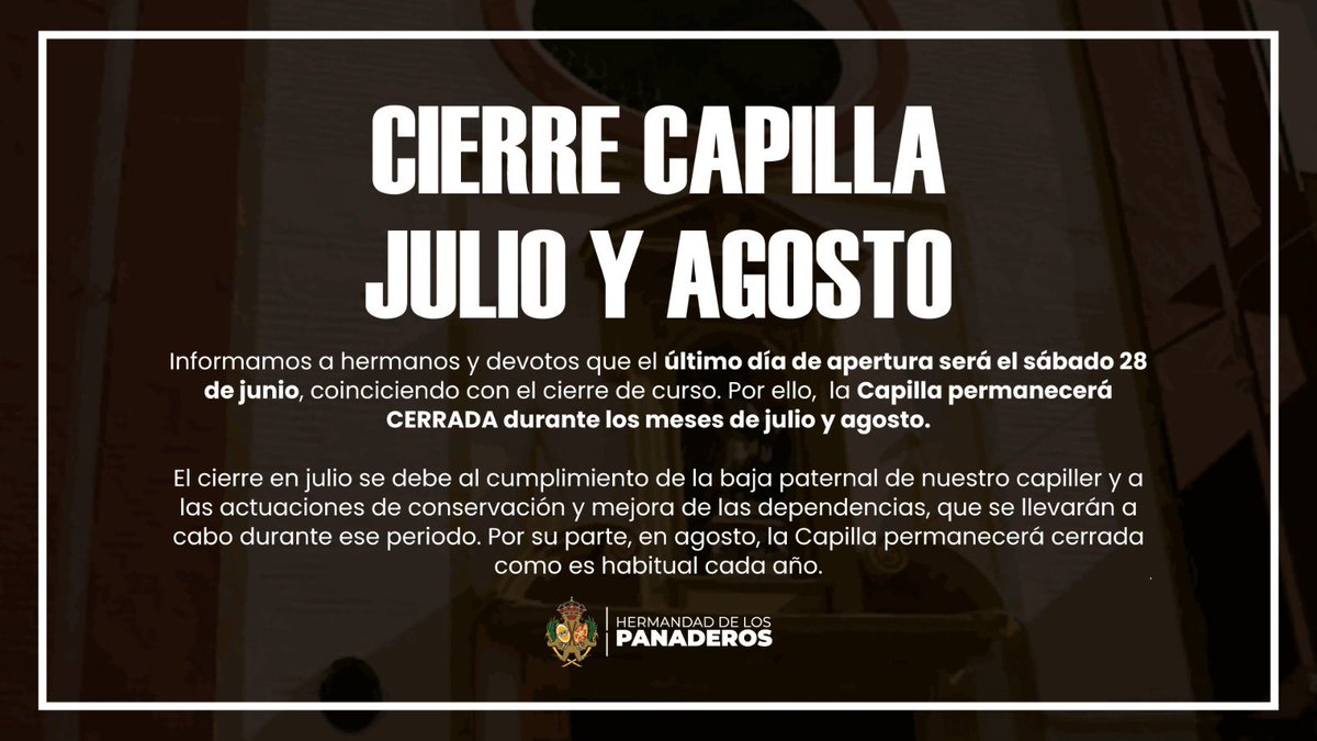 CIERRE CAPILLA | La Capilla permanecerá cerrada en julio y agosto.

📅 Último día de apertura: sábado 28 de junio, coincidiendo con la misa de cierre de curso a las 20:30 horas.