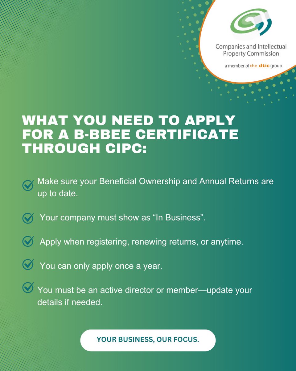 BizPortalGovZa's tweet photo. What do you need to apply? 🔎
Make sure you meet the minimum requirements to complete your application successfully.
🔗 For more details, visit https://t.co/XHGd0JSqGq or https://t.co/1dS7XOa2AY
🔗Notice 25 of 2025: https://t.co/27xUwFjdKI
#BBBEEE #CIPC #BusinessCompliance https://t.co/VEBWoWMkBE