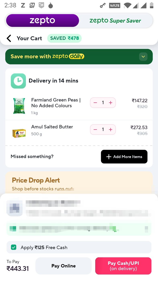 GD_6219's tweet photo. #zepto Dear Friends, these days online ZEPTO is making fool of customers. Please be careful. I ordered 2 items his total was Rs 20 more and after giving me Rs 125 discount his total reduced by Rs 30 of original value. Please see pics uploaded https://t.co/FMQ3CbsAf9