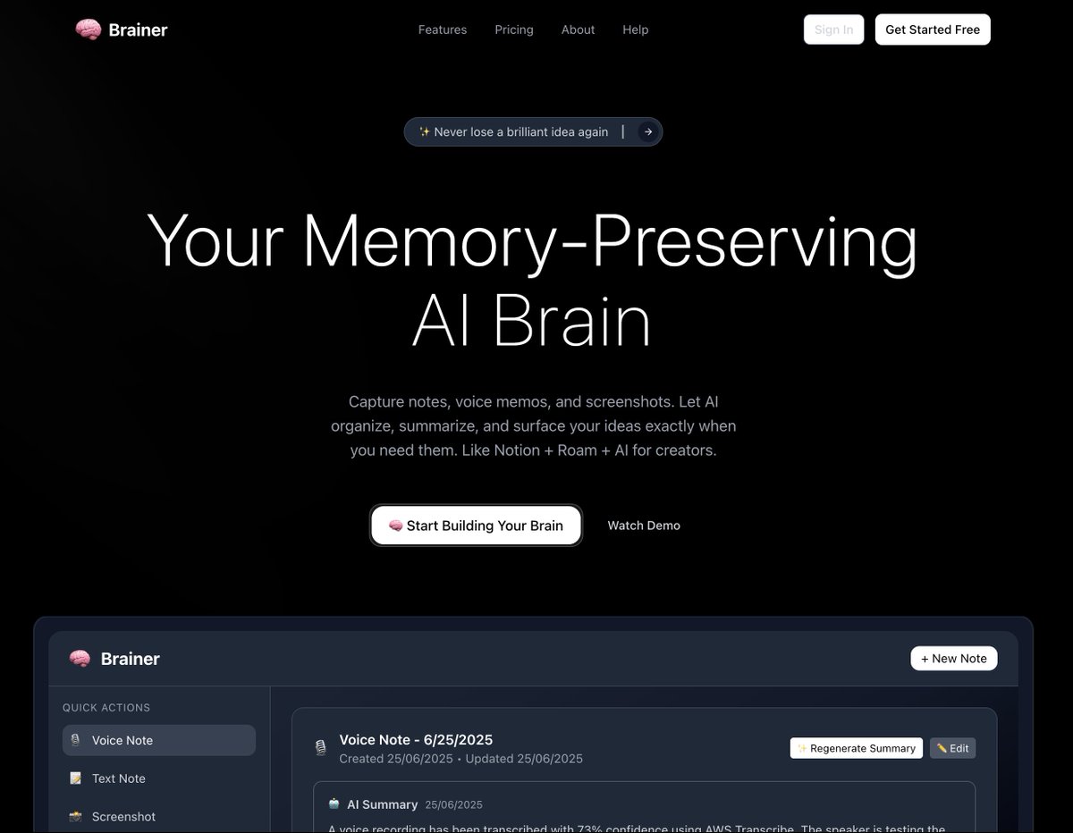 🚀 Meet Brainer – your AI-powered second brain 🧠
🎤 Real-time voice transcription
🧠 Smart summaries &amp; memory recall
🌐 Hindi + English support
🔍 Semantic search
 brainer-six.vercel.app
Built to make note-taking effortless, not like data entry.
github: github.com/DishankChauhan…