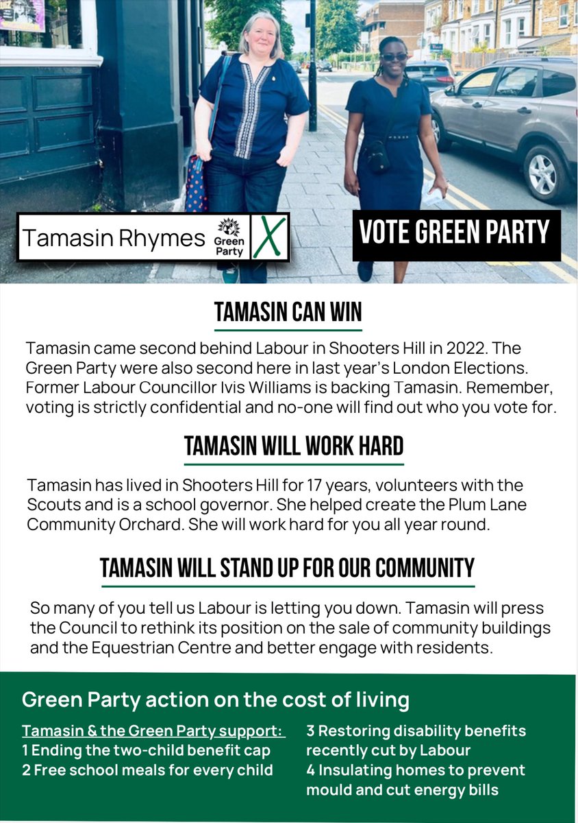 Please vote for Tamasin Rhymes, as a strong, independent Green voice for our community.
#ShootersHill 💚