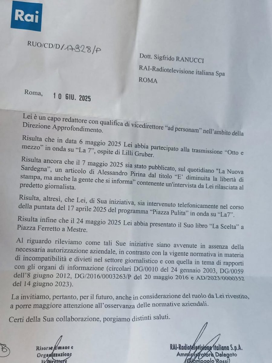 Invece di premiare il lavoro svolto come vero servizio pubblico con #report, la banda telemeloni invia un provvedimento disciplinare a <a href="/SigfridoRanucci/">Sigfrido Ranucci</a> ( sempre dalla tua parte ) #meloni #rai