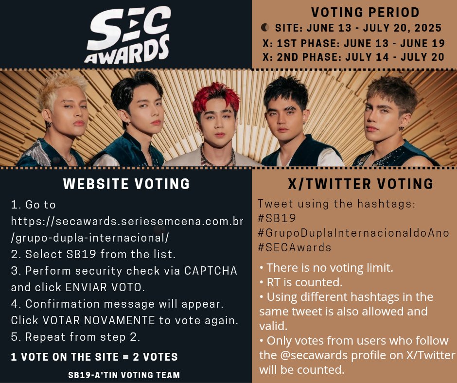 SB19 VOTING TEAM (@sb19_votingteam) on Twitter photo What's up, A'TIN? Hope everyone's doing fine. 😉
This is your Voting Team sending a reminder to just focus on SB19 please. So all of us, let's stream their songs and vote for them at #SECAwards.
🔗 secawards.seriesemcena.com.br/grupo-dupla-in…
<a href="/SB19Official/">SB19 Official</a> #SB19 What's up, A'TIN? Hope everyone's doing fine. 😉
This is your Voting Team sending a reminder to just focus on SB19 please. So all of us, let's stream their songs and vote for them at #SECAwards.
🔗 secawards.seriesemcena.com.br/grupo-dupla-in…
<a href="/SB19Official/">SB19 Official</a> #SB19